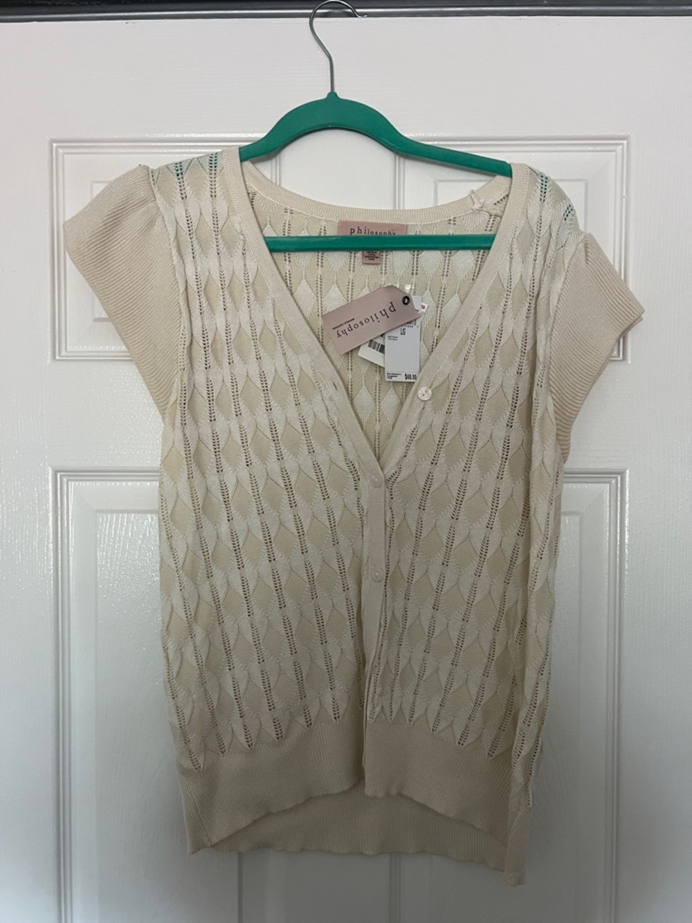 Philosophy Cream Openwork Knit Short Sleeve Cardigan